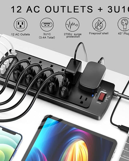 Power Strip, Nuetsa Surge Protector with 12 Outlets and 4 USB Ports, 6 Feet Flat Plug Extension Cord (1875W/15A) for for Home, Office, Dorm Essentials, 2700 Joules, ETL Listed (Black)