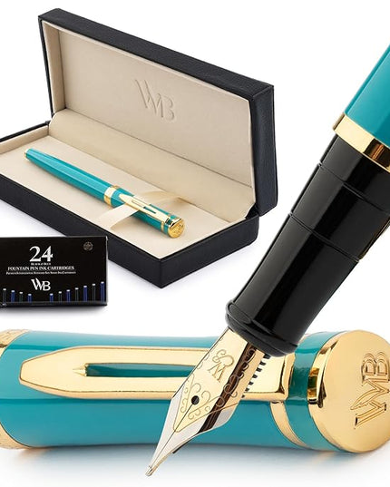 Wordsworth & Black Fountain Pen Set, 18K Gilded Medium Nib, Includes 24 Pack Ink Cartridges, Ink Refill Converter & Gift Box, Gold Finish, Calligraphy, [Turquoise Gold], Perfect for Men & Women