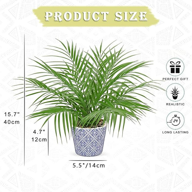 Hollyone Large Artificial Potted Plants Fake Palm Plants 16" Faux Green Plant Plastic Tropical Palm Tree in Blue and White Ceramic Pots Bohemian for Home Room Office House Indoor Decoration