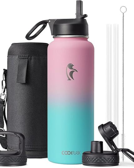 40 oz Insulated Water Bottle with Straw&3 Lids, Coolflask Stainless Steel Metal flask Wide Mouth for Sports or Office, Non-BPA Keep Cold Up to 48 Hrs or Hot Up to 24 Hrs, Bubblegum Princess