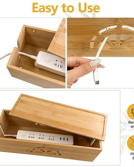 Bamboo Cable Management Box,Extra Large Cord Organizer Box,Power Strips Hider,Plug Strip Cord Box,Outlet Holder,Cords Concealer,Wires Covers,Desk & Floor Tidy Solution (Straight lid)