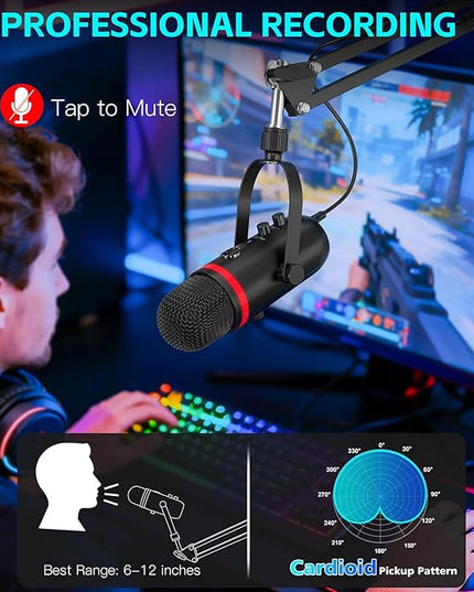 ZealSound Podcast Microphone for PC/Mac/iPhone – USB Studio Mic with Noise Cancellation, RGB Lighting, Mute, Gain, Monitoring & Echo, Boom Arm & Pop Filter, Streaming, Recording, TikTok, YouTube
