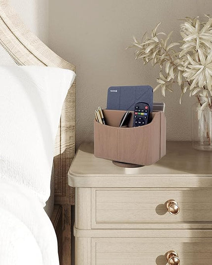 RHCSZ Leather Remote Control Holder/Caddy 360 Degree Rotating, Desk Organizer for TV Remote Controllers,Pen,Calculator,cell phone,gadget storage box,Nightstand Decoration(Light wood grain)