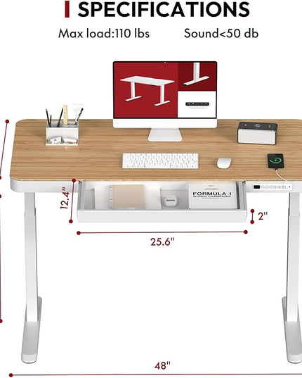 Standing Desk with Drawer, Electric Height Adjustable Home Office Desk with Storage & USB Ports, 48 inch Bamboo Texture Tabletop/White Frame