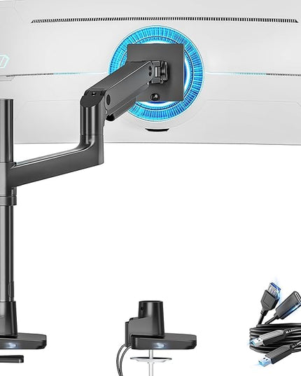 ARES WING Heavy Duty Monitor Arm with USB A/C, Tall Ultrawide Monitor Arm for 17 to 49 Inch Screen, Holds 44 Lbs, Adjustable Gas Spring Desk Mount, Black