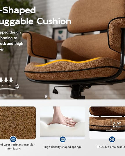 Fabric Office Chair with Granular Linen, Mid Back Vintage Desk Chair with Wheels and Wide Arms, Mid Century Modern Home Office Desk Chairs with Memory Foam Seat Cushion, Adjustable Height, Brown