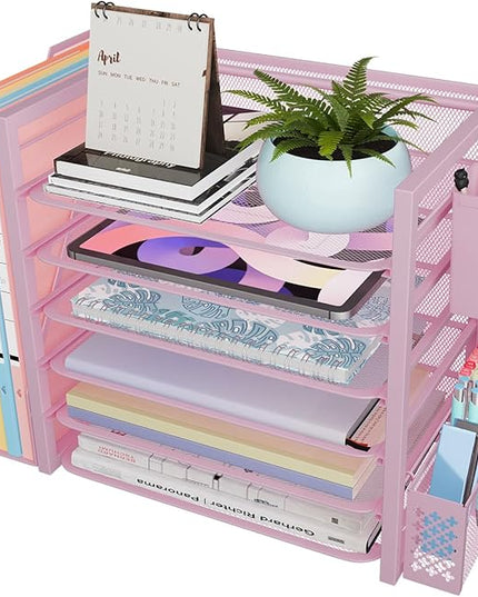 Simple Trending 6 Tier Desk File Organizer, Paper Letter Tray Organizer with File Holder and Pen Container, Pink