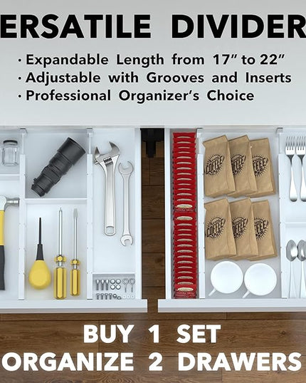 SpaceAid Bamboo Drawer Dividers with Inserts and Labels, Kitchen Adjustable Drawer Organizers, Expandable Organization for Home, Office, Dressers, 4 Dividers with 9 Inserts (17"-22" White)
