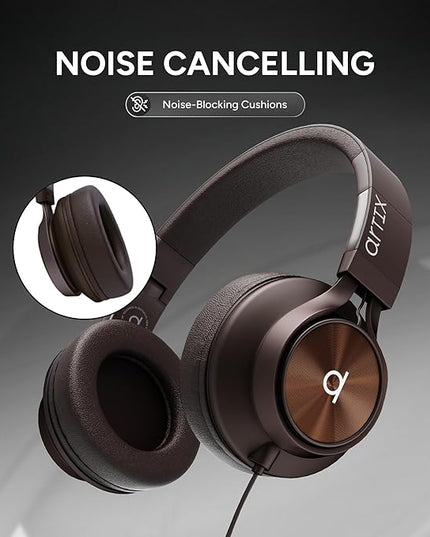 ARTIX CL750 Over Ear Headphones Wired with Mic & Volume Control, Audio with 100% Noise Cancelling Computer Wired, Plug in for Laptop, Dj Corded Studio Headphones