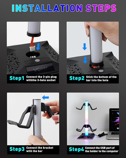 RGB Gaming Headphones Stand with 2 USB Ports Headset Stand with 10 Light Modes and Non-Slip Rubber, Suitable for All Earphone Accessories, Best Gift for Husband, Kids, Boyfriend