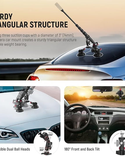 NEEWER Triple Suction Cup Car Mount Compatible with Insta360 X5 X4 GoPro DJI OSMO 360 Cameras, Quick Release Outside Windshield Magic Arm Mount Kit with 2 in 1 Extension Pole/Selfie Stick, CA065