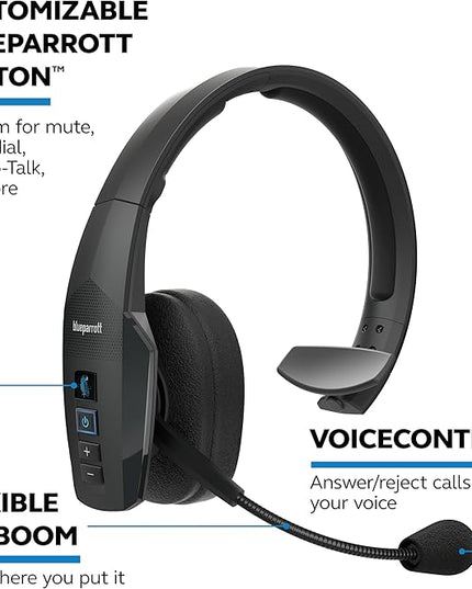 BlueParrott B450-XT Mono Bluetooth Wireless Headphones 96% Noise Canceling Over Head Trucker Headset with Mic, All Day Comfort Padded Headband, 300 ft. Wireless Range, 24 hrs. Talk Time, Black