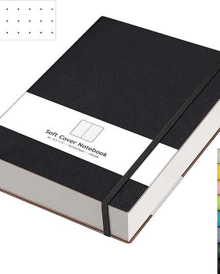 AHGXG Bullet Dotted Journal - Large A4 Notebook Dotted, 8.5''×11'', 320 Pages Dot Grid Notebook, 100gsm Thick Paper, Leather Softcover, with Journal Stencils, Inner Pocket - Black
