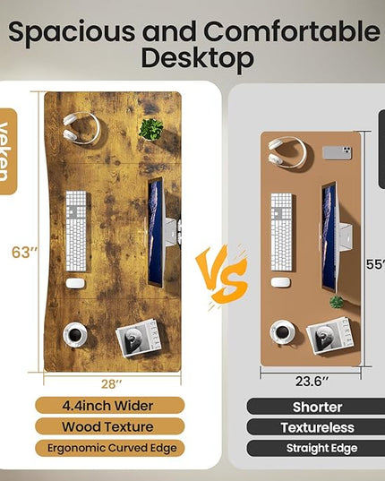 Veken 63 x 28 Inch Electric Standing Desk, Sit to Stand Up, Work Home Office Computer Table for Study, Walking Pad, Writing, and Games, Wooden Desktop Desks, Brown