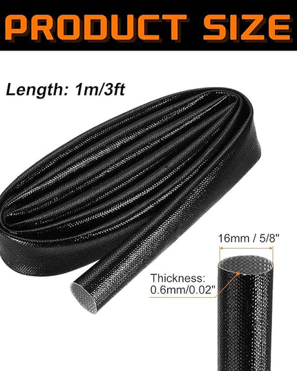 MECCANIXITY 3ft Braided Cable Sleeve, 5/8" ID 200C High Temperature 1500V Fiberglass Wire Insulation Cord Protector Organizer Wires Management for Motor Engine Fuel Line, Black
