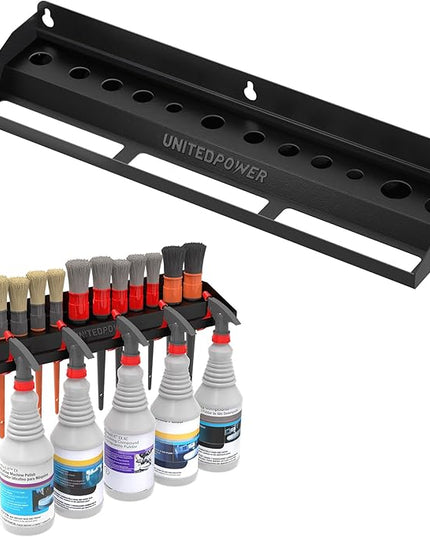 UNITEDPOWER Brush and Trigger Bottle Holder, Wall Mount Storage Rack Organizer for Auto Repair Shops Car Washes And Home Garages, Stores up to 12 Detailing Brushes & Hanging Rail for Bottles