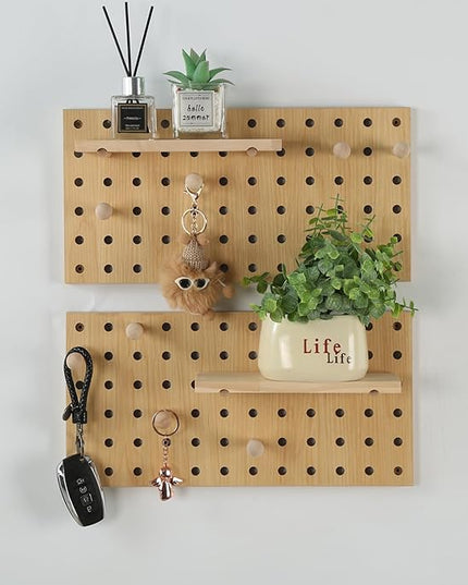 Beige Wood Pegboard Modular Display Wooden Pegboard Combination Wall Organizer Storage Wall Hooks Shelf for Home, Office, Bathroom, Comes with 2 Pieces Pegboards
