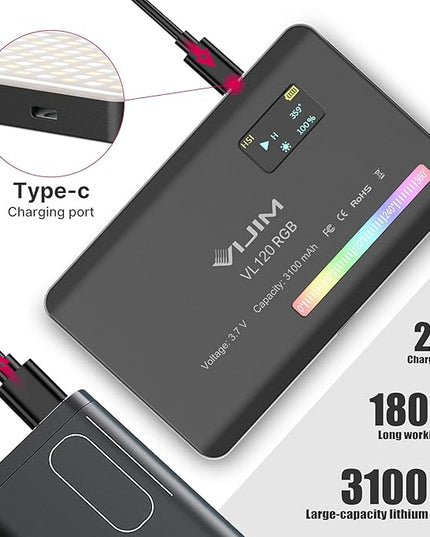 VIJIM VL120 RGB Video Light, Portable LED Camera Light Panel 0-360 Full Color, CRI 95+ 2500-9000K LED 3100mAh Rechargeable DSLR Lighting for Vlogging, Photography, Video Conference