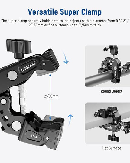 NEEWER Super Clamp with 3" Dual Ballhead Magic Arm, Camera Phone Clamp Mount with 1/4" 3/8" Threads, Cold Shoe, Phone Holder, Action Camera Adapter Compatible with GoPro DJI iPhone 16 15 Pro Max, ST88