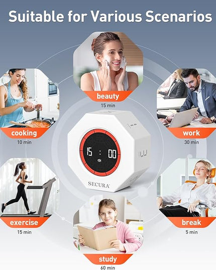 Secura Pomodoro Timer, Rotating Cube Time Tracker, Flip Gravity Sensor with 7 Presets(1/3/5/10/15/30/60 Minutes), Visual Progress Bar for ADHD, Kids, Tasks, Work, Study (White)