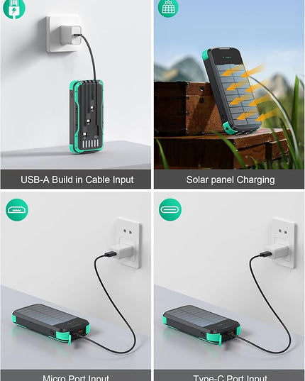 Solar Charger Power Bank, PD 20W Fast Charging External Batter, 40000mAh Portable Phone Charger Built in 4 Cables with Dual Bright Flashlights for Camping, Hiking, and Outdoor Use（Green）
