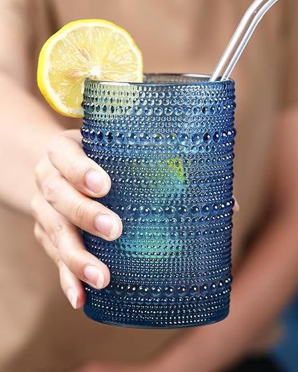 Large Hobnail Drinking Glasses Set of 6,15oz Blue Vintage Glassware,Embossed Glass Cups,Water Tumbler,Highball Glasses For Beer, Juice And Various Mixed Drinks