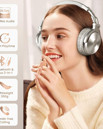 OneOdio Bluetooth Over Ear Headphones, 110 Hrs Wireless/Wired Stereo Sound Foldable Headsets with Deep Bass 50mm Neodymium Drivers for PC/Phone/Tablet - Studio Wireless Pro C, Champagne Gold