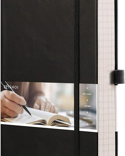 EMSHOI Graph Paper Notebook - 256 Pages A5 Graph Notebook/Journal, Hard Cover, 120gsm Thick Paper, Smooth PU Leather, Inner Pocket, 5.75'' × 8.38''-Black