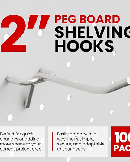 100 Pack PEG Board Pegboard Shelving Hooks 2" Length Wholesale Lot