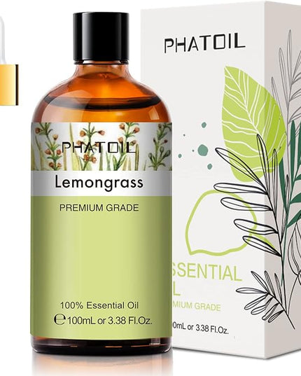 PHATOIL 100ML Lemongrass Essential Oil, 3.38FL.OZ Essential Oils for Diffuser, Humidifier, Relax, Aromatherapy, Lemongrass Oil Scented Oils for Soap, Candle Making