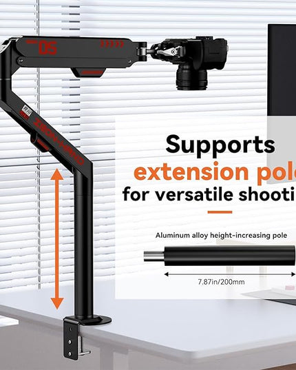 Overhead Camera Mount with 360° Adjustable Arm & Phone Holder for TikTok Live Streaming Photography Studio Content Creation, Desk Mount for for DSLR Camera/Webcam/Microphone, Black
