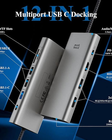 USB C Docking Station Dual Monitor Adapter,Minthouz Displayport Docking Station with Dual DP,USB Hub 4K HDMI,100W PD in,10Gbps USB A/C,2.5G Ethernet Port for for Windows & Mac and More