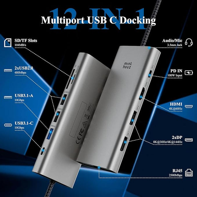 USB C Docking Station Dual Monitor Adapter,Minthouz Displayport Docking Station with Dual DP,USB Hub 4K HDMI,100W PD in,10Gbps USB A/C,2.5G Ethernet Port for for Windows & Mac and More