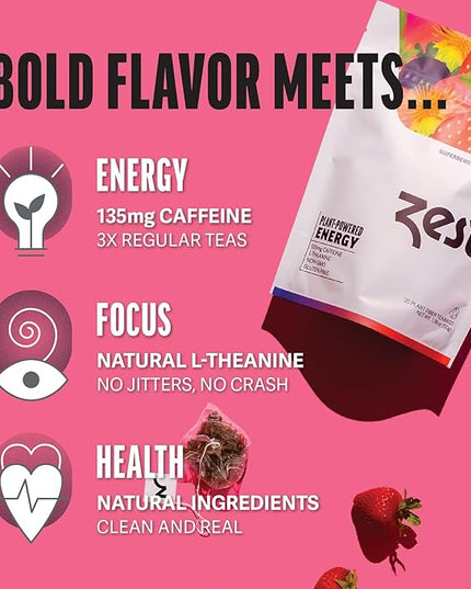 Zest Energy Green Tea - Superberry Samba - High Caffeine Strawberry, Acai, & Passion Fruit Tea - Caffeinated Coffee Altnernative with Antioxidants - Natural, Non-GMO & Keto - 20Ct Pack - 135mg Caf