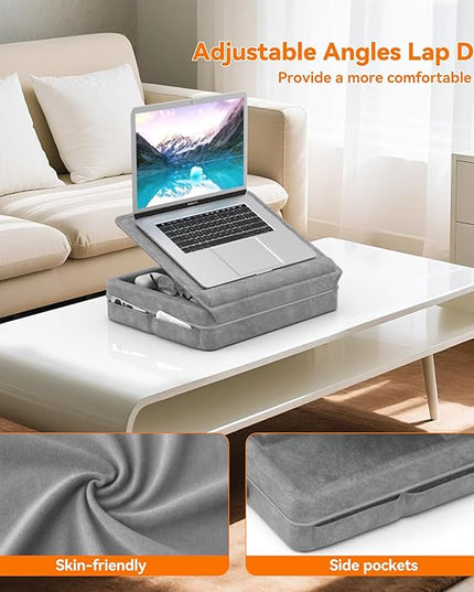 KDD Laptop Lap Desk with Cushion, Laptop Table with Storage for Bed & Sofa, Adjustable Lap Pillow Stand with Anti-Slip Strip & Cell Phone/Tablet Slot for Home Office College