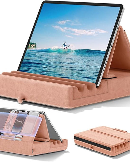 KDD Tablet Pillow Holder, Foldable iPad Stand for Lap, Bed and Desk -Tablet Soft Pad Dock with Pocket & Stylus Mount Compatible with iPad Pro 12.9, 10.5, 9.7 Air Mini 6 5 4 3, E-Reader