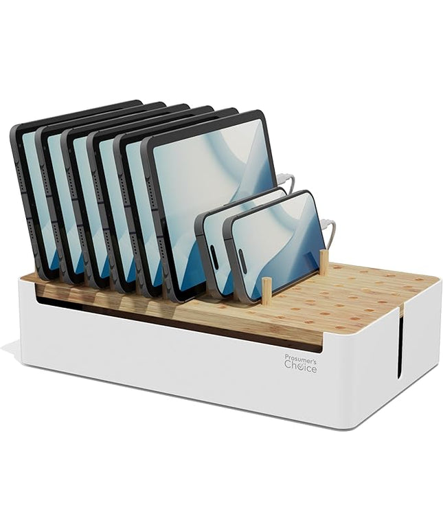 Prosumers Choice Bamboo Charging Station for Multiple Devices - Wooden Charger Organizer with Removable Dividers for Phones, Tablets, and Laptops - 11 Inch Cable Organizer Box - Space-Saving Desk Dock