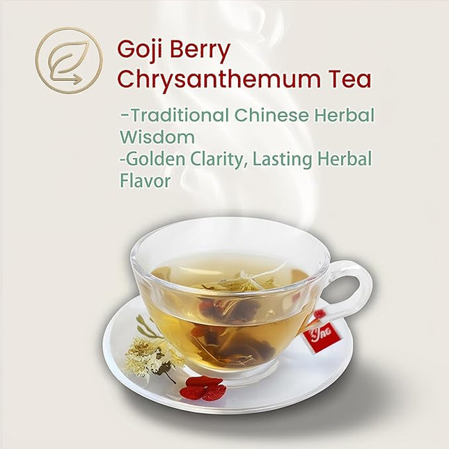 ADMIRINGAZELAND Goji Berry Chrysanthemum Tea Bags, 30 Count - Pyramid Teabags, 6 Ingredients - Dandelion Root, Wolfberry, Cassia Seed, Honeysuckle, Burdock - Chinese Herbal for Office & Home, 5.3 oz