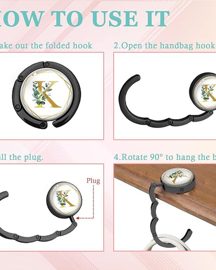 Gold Initial Foldable Purse Hook Gifts, Eucalyptus Letter Handbag Hanger, Women's Bag Hanger Holder, Round Purse Table Hook, Funny Desk Decor Gifts for Women Coworker Friend (Eucalyptus K)
