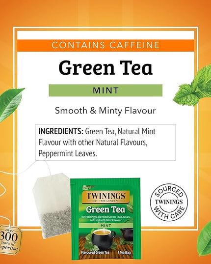 Twinings Green Tea with Mint Individually Wrapped Bags, 20 Count (Pack of 1), Invigorating Aroma, Caffeinated, Enjoy Hot or Iced, 20 Teabags