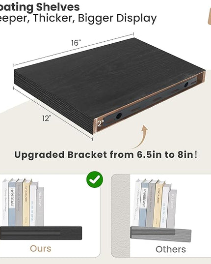 Heimlove 12 Inch Deep Floating Shelves, 16 x 12 inches Long Wall Shelf, Large Extra Display Shelf & Storage Shelf, Rustic Wood Wall Shelves for Fireplace Mantel, Black - 2Pack