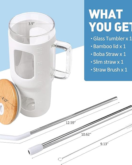 Glass Tumbler with Straw and Lid, 32 oz Glass Cup with Handle, Glass Water Bottles with Time Marker, Silicone Protective Sleeve - White