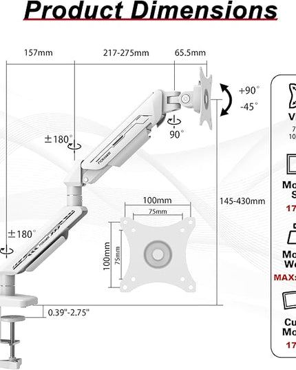 Monitor Arm for 17-35" Screens up to 24.2 lbs, Ergonomic Gas Spring Monitor Stand with Height Adjust, Tilt, Swivel & Cable Management, VESA Desk Mount with 2 Types of Installation, White