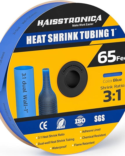 haisstronica 3:1 Heat Shrink Tubing, Shrink Ratio Adhesive Lined Marine Grade Heat Shrink Tube for Home, Automotive and Industrial (Blue) 65FT 1inch