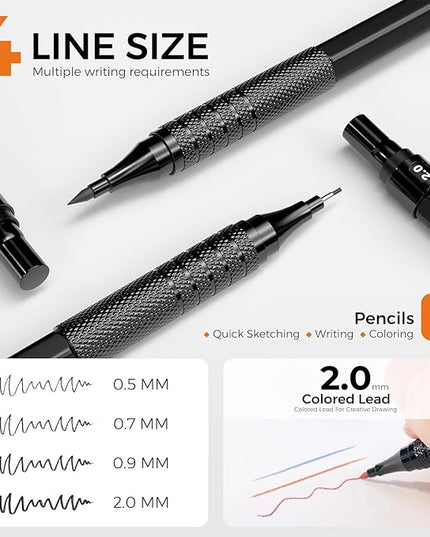 STAGEEK 35PCS Black Art Mechanical Pencil Set in Case，0.5 0.7 0.9 2.0 Graphite Metal Drawing Drafting Pencils, Sharpener Erasers 384PCS Lead Refills (6B 4B 2B HB 2H 4H Colors) for Writing Sketching