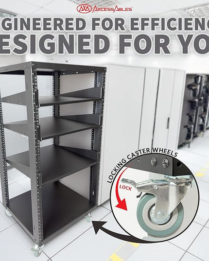 AxcessAbles 22U Open Frame Network & AV Rack with Caster Wheels, Three 2U Shelves, 10-32 & Cage Nut Compatible Rails, Cage Nuts, Screws, Cage Nut Tool & Wall Mount Kit | 19-Inch Equipment Rack