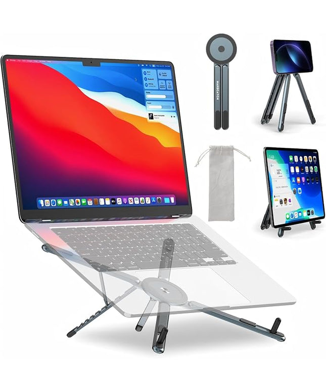 Adjustable Laptop Stand for Desk, MagSafe Compatible Portable Foldable Computer Riser for MacBook, iPhone, iPad, Tablet - Lightweight Aluminum, N52 Magnetic Grip, Perfect for Office, Home, Traveling