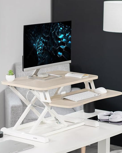 VIVO 26 inch Desk Converter, K Series, Height Adjustable Sit to Stand Riser, Dual Monitor and Laptop Workstation with Keyboard Tray, Light Wood Top, White Frame, DESK-V026KF
