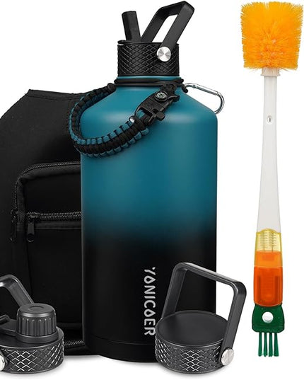 Insulated Water Bottle 128oz,Triple Wall Vacuum Stainless Steel(Dishwasher Safe),Leak Proof & Non-BPA,Flask Jug with Paracord Handle & Straw Spout Lids Sports Gradient indigo blue/black