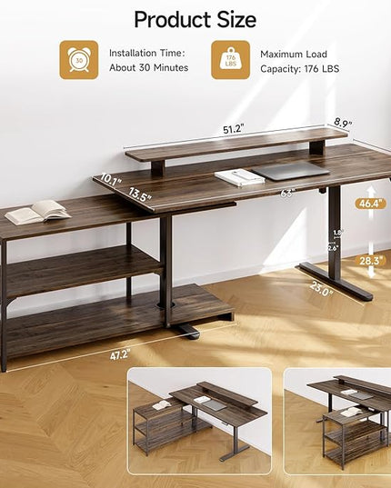 ONBRILL L Shaped Standing Desk with File Cabinet, 63x24'' Electric Stand Up Desk with Monitor and Storage Shelf, Adjustable Height 28-46'' for Home and Computer Workstation, Walnut